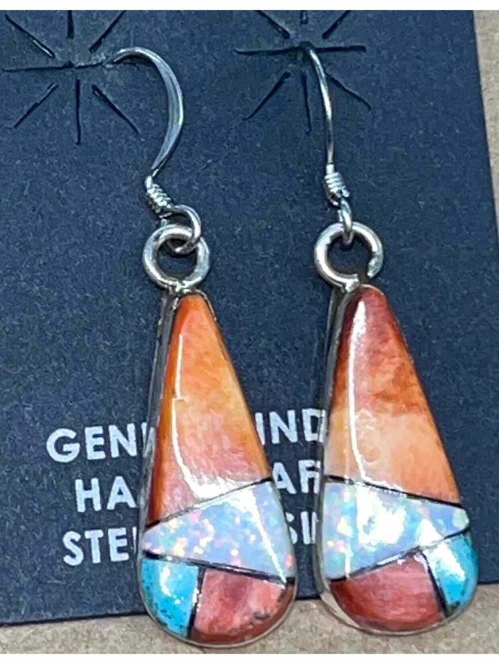 Zuni sterling silver inlay turquoise spiny oyster opal dangle earrings